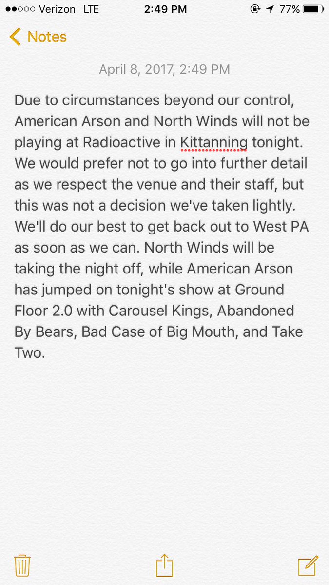 AmericanArson's tweet photo. Unfortunately, us and @northwinds570 will not be playing in Kittanning tonight. Check out the statement below for details. https://t.co/d9j7ir3c17