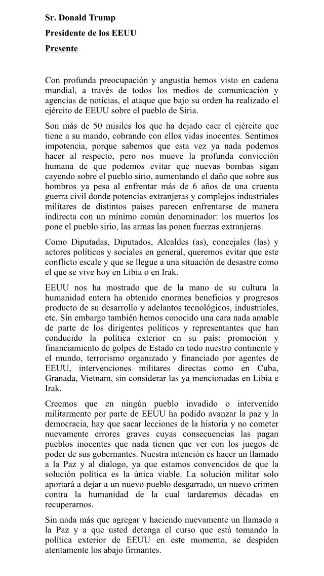 KarolCariola's tweet image. 11 Diputados/as, 4 Alcaldes, 21 concejales, 10 dirigentes estudiantiles firman carta a Donald Trump: ¡No más bombardeos al pueblo Sirio!