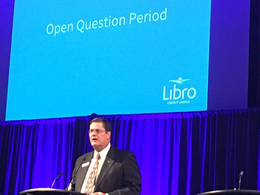 RhondaChoja's tweet photo. .@gsbaker leads our #2017LibroAGM open question period. Thx for your @LibroCU board leadership. #democracyinaction https://t.co/dygLTcr7Js