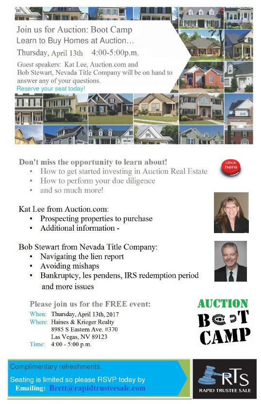 Vegas: Learn how to buy at Auction!  Free Workshop - Thursday, 4/13/17 @ 4:00pm conta.cc/2oAeRpz