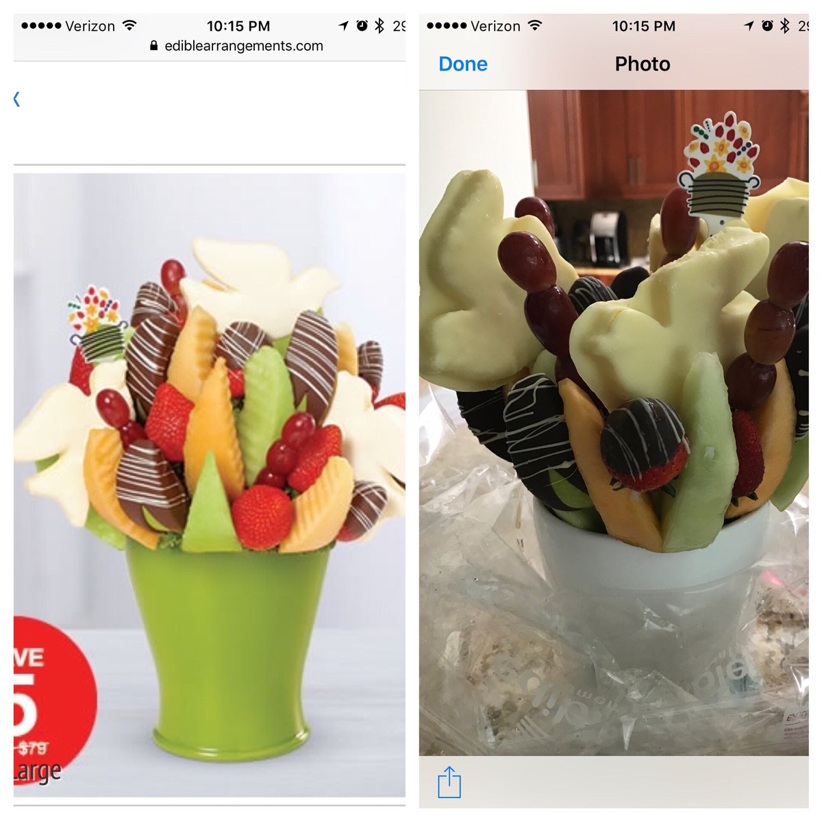 tiffunnyflynn's tweet photo. Left is what I ordered ($74), right is what was delivered! I guess I should have ordered flowers. @edible #fruitfail #disappointed https://t.co/D94hTgW5jl