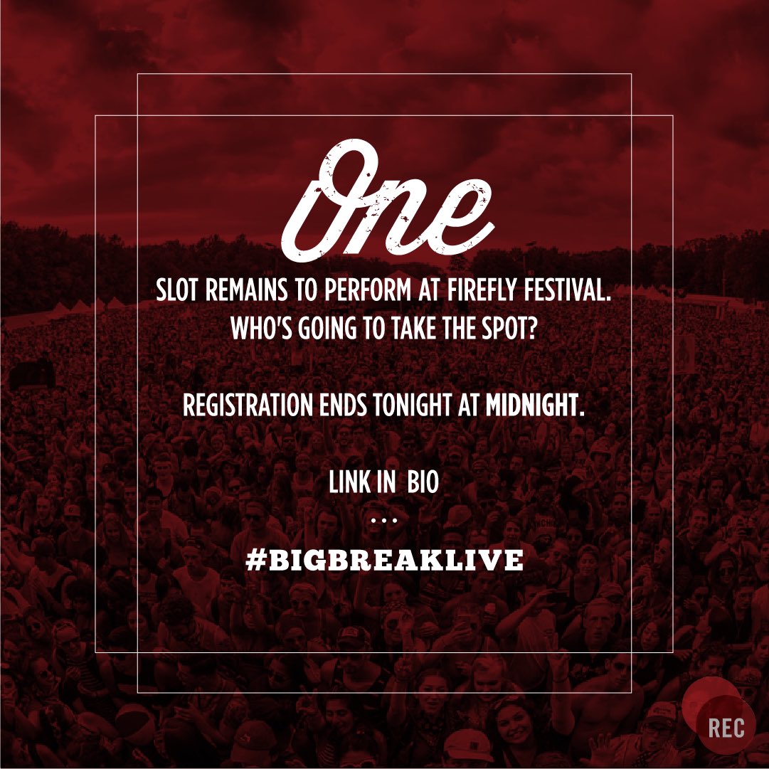 RECphilly's tweet photo. Are you ready for your Big Break?
1 slot remaining. Don't miss out, sign up! #RoadToFirefly
๐: https://t.co/R53lboXger
#BigBreakLive https://t.co/9cQVPvxRA9