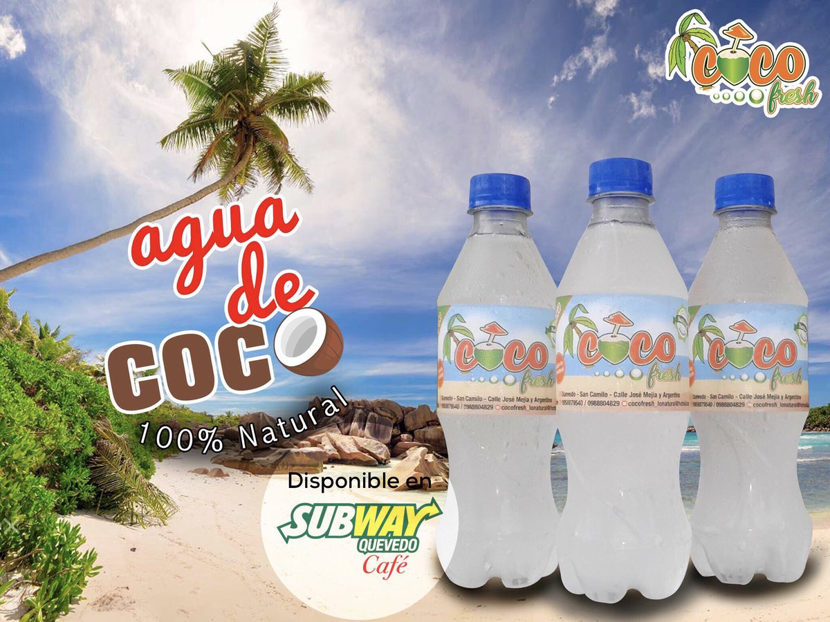 VVPQuevedo's tweet image. Ahora en #SubwayQuevedo, puedes disfrutar de #AguaDeCoco de la marca #CocoFresh

Alimentos de Calidad producidos en #Quevedo 🏝

⏰9am-10pm⏰