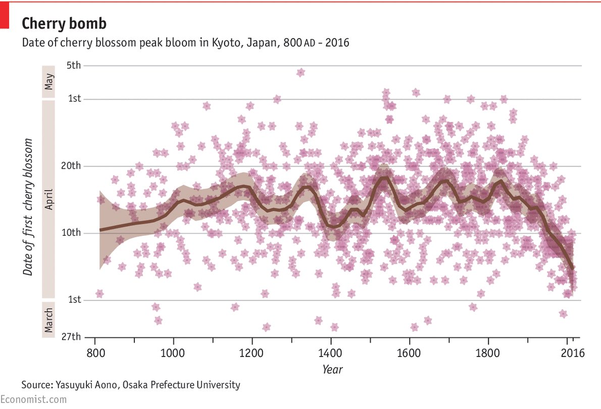 steventeaster's tweet photo. When cherry blossoms bloom in Kyoto: it's so cool the data goes back this far https://t.co/89mDeeCMWw by #ceobillionaire via @c0nvey https://t.co/8yyNZ6IRmJ