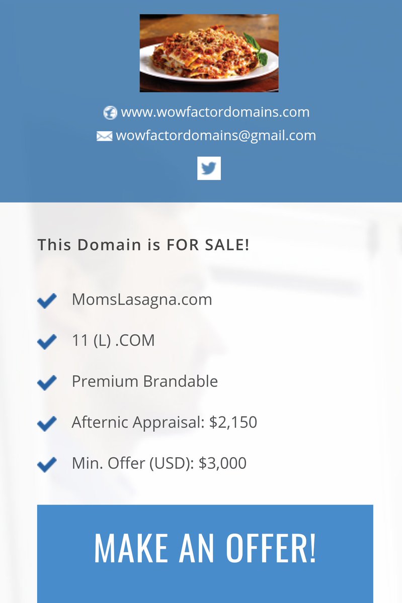 wowfactordomain's tweet photo. https://t.co/zaQ2wb8XGt is FOR SALE!  
"Everybody Loves Mom's Lasagna" !
https://t.co/upnefK3C6D
#PremiumBrandableDomains #Lasagna https://t.co/Qd0yNH9Kax