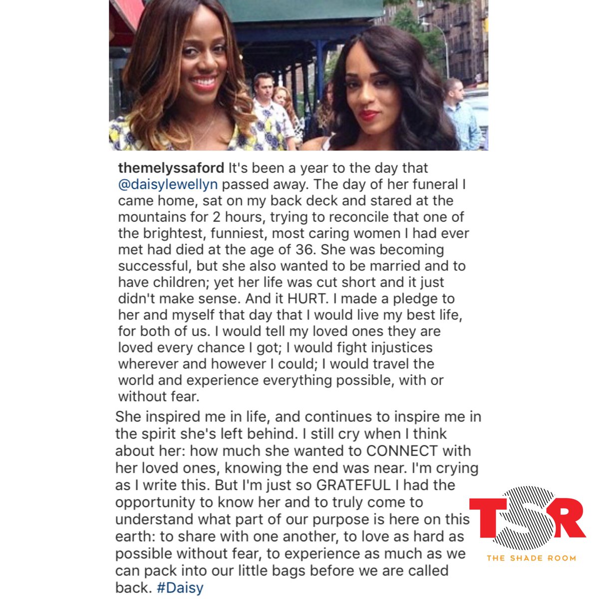 TheShadeRoom's tweet photo. #MelyssaFord remembers her friend and #BloodSweatAndHeels co-star #DaisyLewellyn on the one-year anniversary of her passing ππ½ https://t.co/SpAr0FcggF
