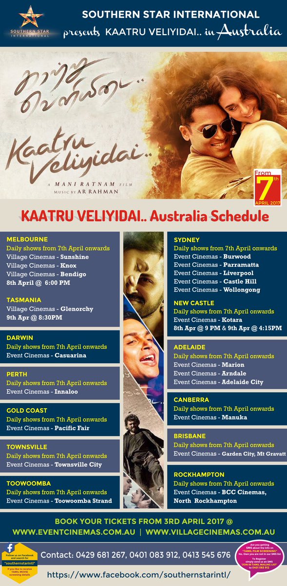 TamilMovies_Aus's tweet photo. #KaatruVeliyadai #Southernstarintl #Australia schedule details https://t.co/5WMTFznxUo