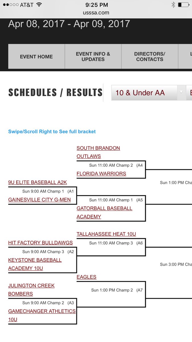 10u Elite Baseball A2K Sunday schedule.