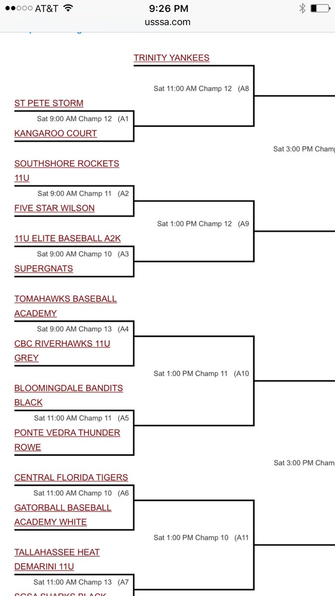 11u Elite Baseball A2K Sunday schedule.