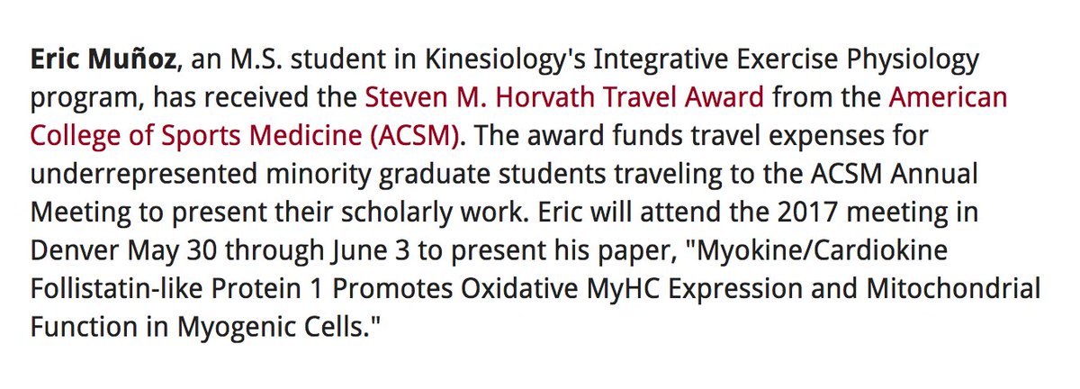 Congrats to Eric Muñoz, @TempleKines MS student,  awarded ACSM Travel grant to present paper on Myokine/Cardiokine Follistatin-like Protein