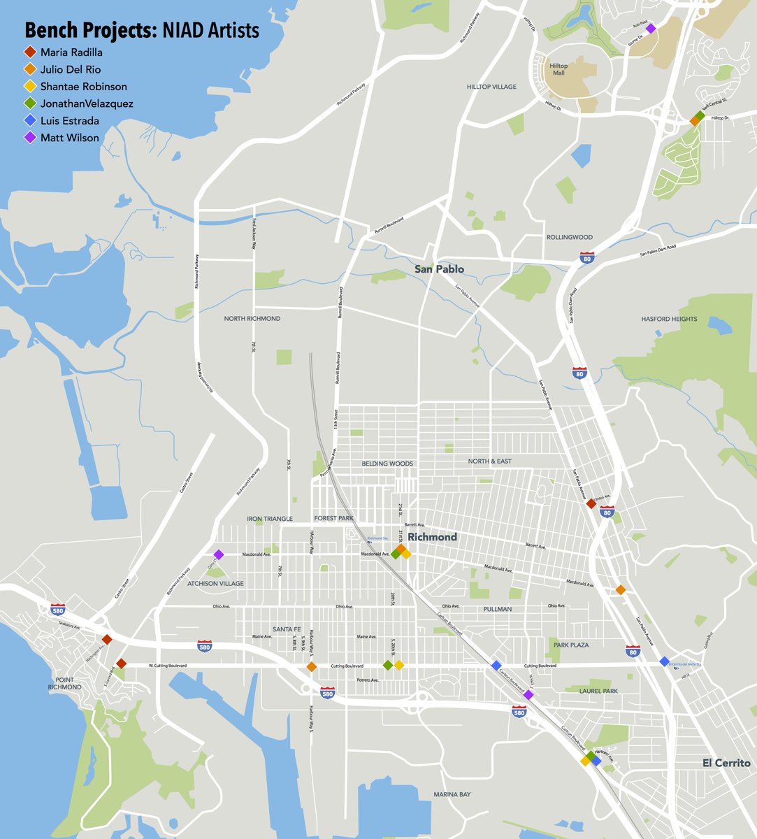 ellendlake's tweet photo. New #busbench map/key - take a tour! NIAD Art Enlivens Richmond Bus Benches https://t.co/Z269PDNpMJ https://t.co/nmqgLvGWmX