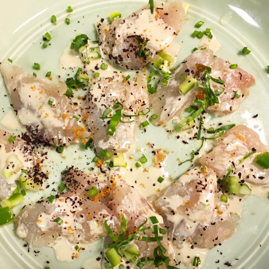 Mackerel crudo. Ramp. Bottarga. Shiso. Brown butter, rice, dashi.