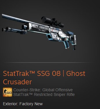SSG 08 | Ghost Crusader FN👻 #CSGOgiveaway 
To Win:

-RT🔄
-Follow me &amp; @csgoballercom 
-Use code Zlashy on csgoballer.com
Ends 1day⏳