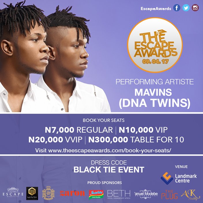Twinsgistmag's tweet photo. @itz_dna &amp; Naija’s superstars will be LIVE on stage at #EscapeAwardsToday just to entertain you. Book your tickets https://t.co/OCnLhuaeWK https://t.co/rPWKWg3UrA