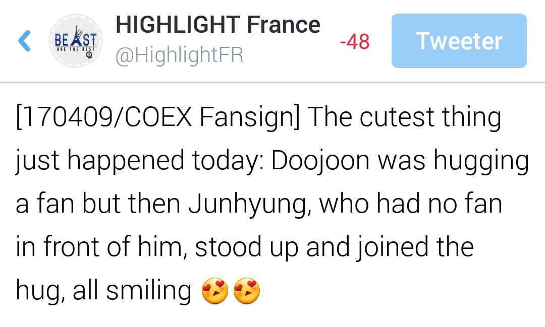 HighlightFR's tweet photo. [170409/COEX Fansign] The cutest thing just happened today: Doojoon was hugging a fan but then Junhyung #하이라이트 https://t.co/nGzGBPFqaj