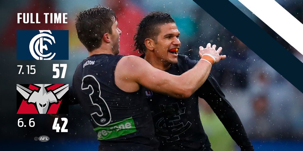 .<a href="/CarltonFC/">Carlton FC</a> <a href="/EssendonFC/">Essendon FC</a> The Blues got the points in awful conditions. 
Match report: afl.to/2pgmv4O