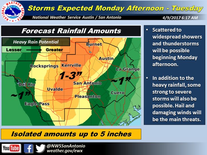 NWSSanAntonio's tweet photo. Heavy rainfall &amp; strong to severe storms possible Monday afternoon through early Tuesday. Hill Country = more favored area  for hazards. https://t.co/p4hRSLEirs