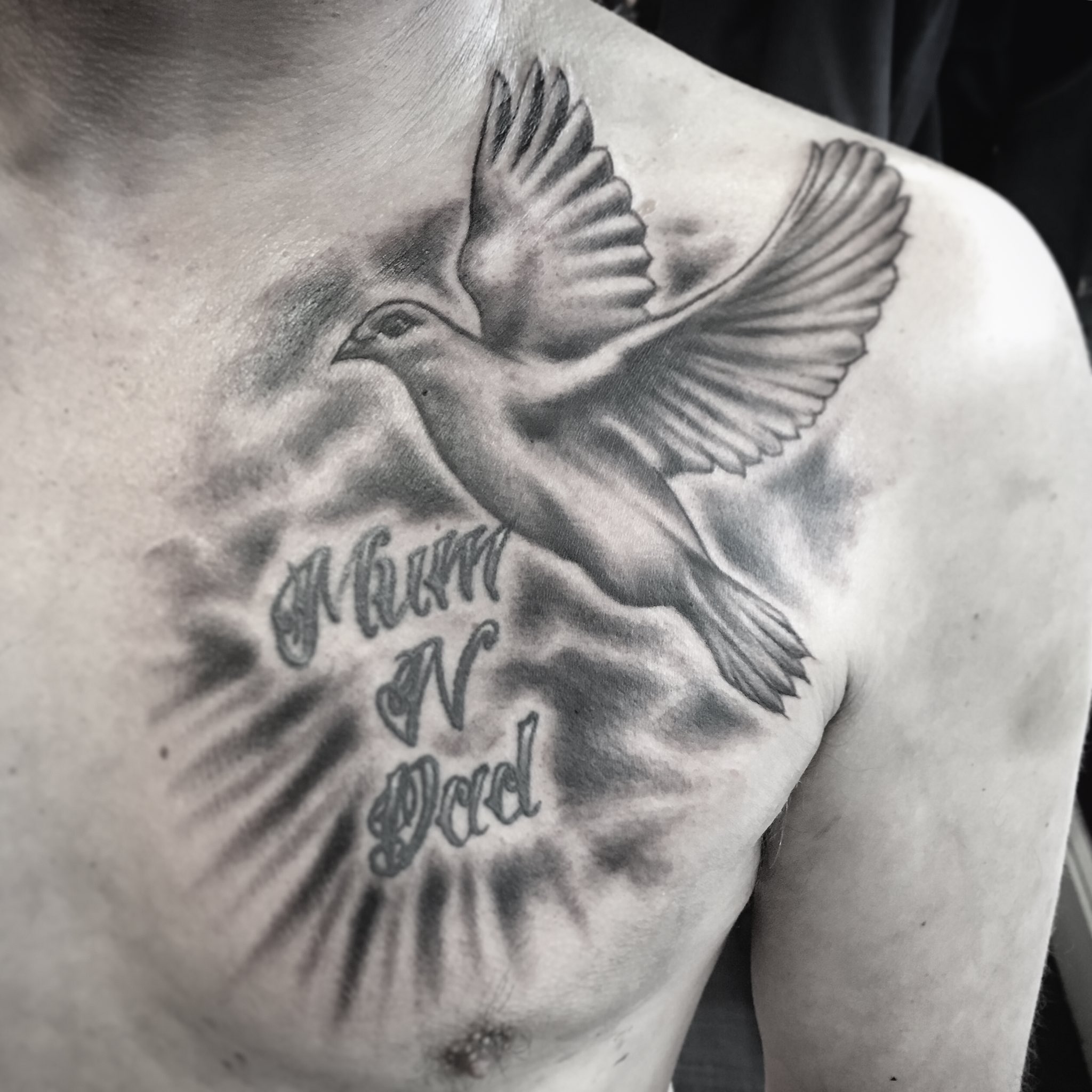 Tattoo uploaded by Tattoodo  Where doves fly by Lil B LilB realistic  illustrative linework rose flower leaves dove bird wings feathers  clappers Jesus prayer praying religious clouds sun blackandgrey  tattoooftheday  Tattoodo