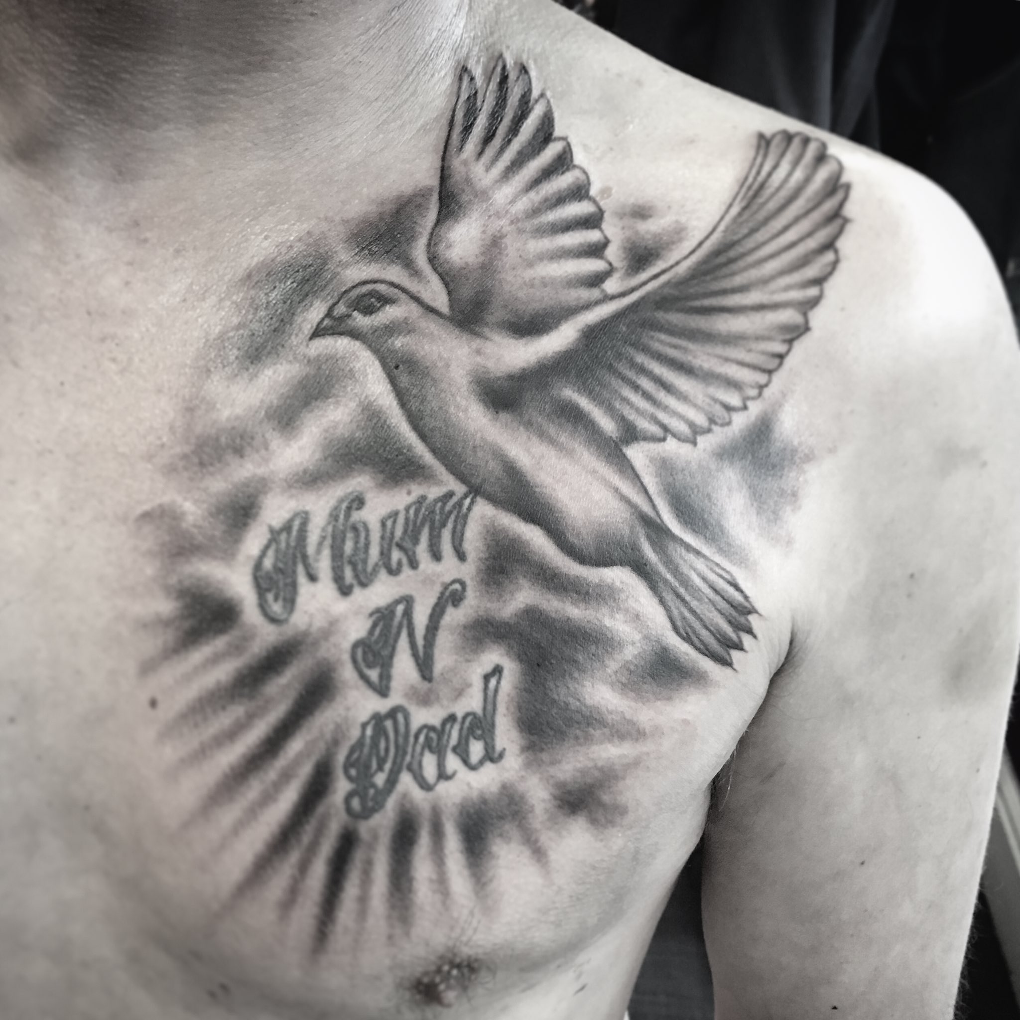 Jacob lennon tattoo on X: "Dove and clouds done yesterday! "Mum N Dad" not  originally by me! 💮 #tattooartist #blackandgrey #tattoo #dove #chesttattoo  #art #fusionink https://t.co/mVzEualSgD" / X