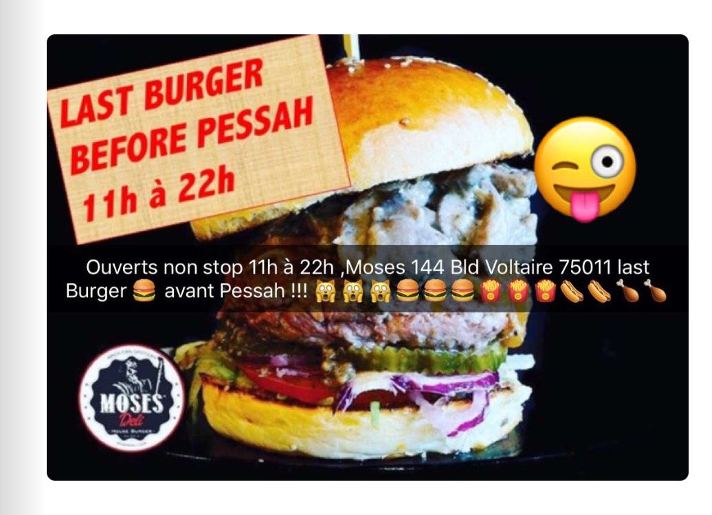 DeliMoses's tweet photo. #lastburgerigaveyoumyheart 
dernier Burger / hot-dog / bagel
Avant Pessah ! 144, Bld Voltaire 75011 Paris ouverture non stop 🛑 !
🤘🏽🤘🏽🍔🍔🍔🌭🌭🍟 https://t.co/I2Q6l23qPx