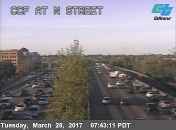 FOX40Traffic's tweet photo. Slow traffic in both directions on Cap City through downtown. Accident on SB Cap City at P St, blocking the #1 lane @FOX40 https://t.co/gKqBgqChAk