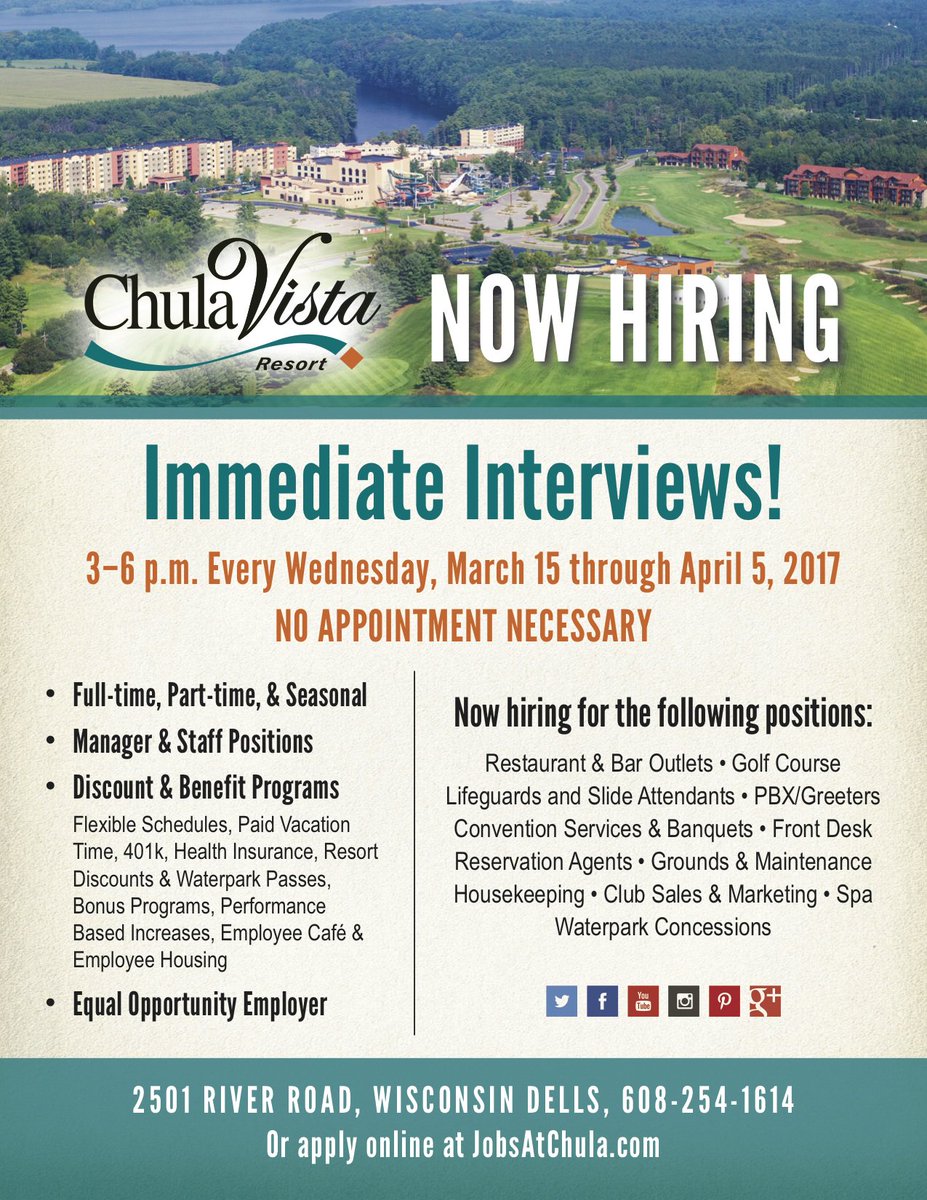 ChulaVistaWI's tweet photo. We're hiring! We're looking to fill staff manager positions. Stop by our job fair tomorrow! #wisconsindellsjobs #chulajobs https://t.co/Ee0wx3jWDt