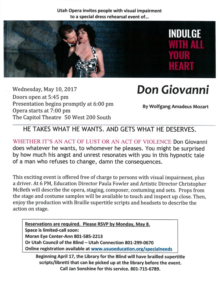 MoranPSP's tweet photo. special presentation: #DonGiovanni by #mozart for the #blind and #visuallyimpaired 5/10/17 @utahopera @MoranEyeCenter https://t.co/kcXdbvHRAU