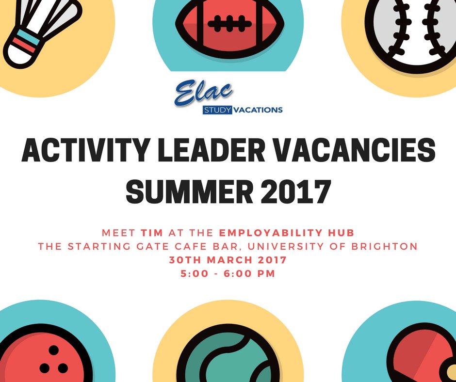 ELACStudy's tweet photo. Looking for an exciting and fun summer job? Come to the Employability Hub event at the University of Brighton and meet our colleague Tim! https://t.co/qXE13hGCXI