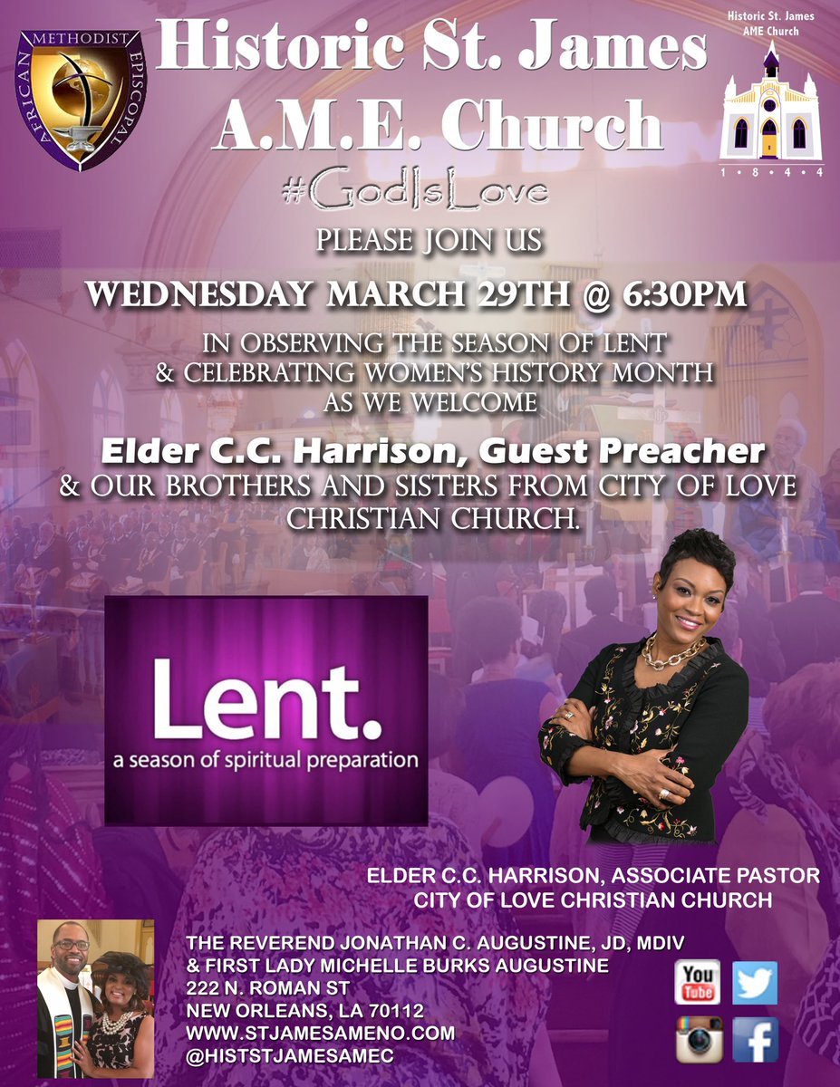 histstjamesamec's tweet photo. Excited 2 welcome Elder #CCHarrison of #TheCityofLoveChurch 2 @histstjamesamec 4 mid-week #LentenSeason worship during #WomensHistoryMonth https://t.co/WCHpZdPl7j