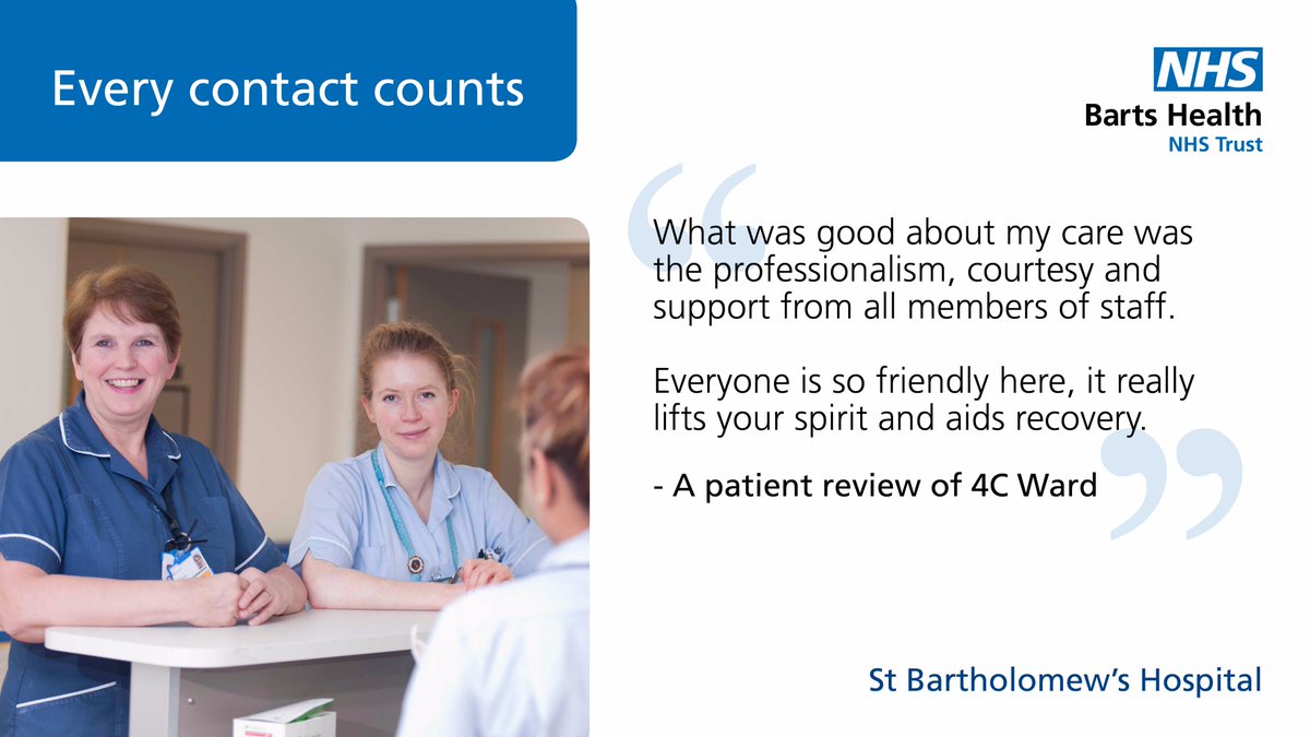 NHSBartsHealth's tweet photo. "Everyone is so friendly here, it really lifts your spirit and aids recovery" - 4C Ward providing great patient care. #everycontactcounts https://t.co/UWLtEhzj8s