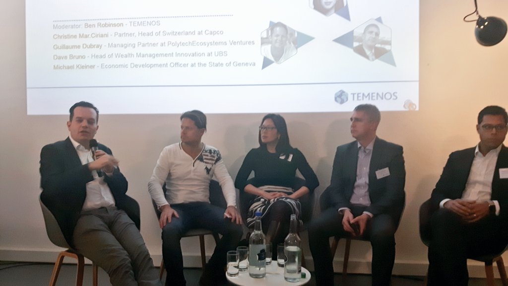 .<a href="/RobinsonBenP/">Ben Robinson</a> leading our panel talking #swiss #fintech In focus <a href="/GuillaumeDubray/">Guillaume Dubray</a>, @SuperDaveBruno, Christine Mar Ciriani &amp; Michael Kleiner