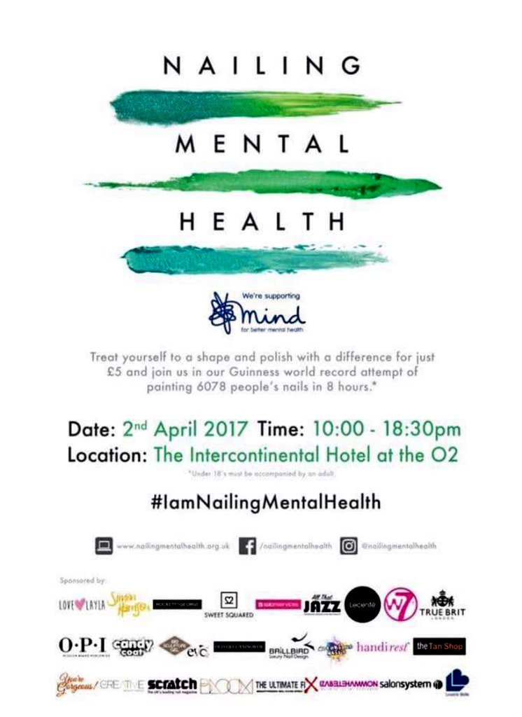 Silkywhale's tweet photo. Free on Sunday? 
Theres a @OWorldRecord attempt at
the Intercontinental hotel, O2! Get ur nails painted Green 2 raise money 4 @MindCharity 💚 https://t.co/3N2y5RrEPE