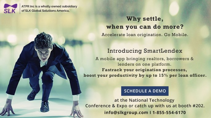 SLKGlobal_ATPR's tweet photo. Accelerate #mortgage loan origination. Schedule a demo now at #MBATech17, booth 202 to know how we can help you close loans faster. https://t.co/5Zj9vaVaIi