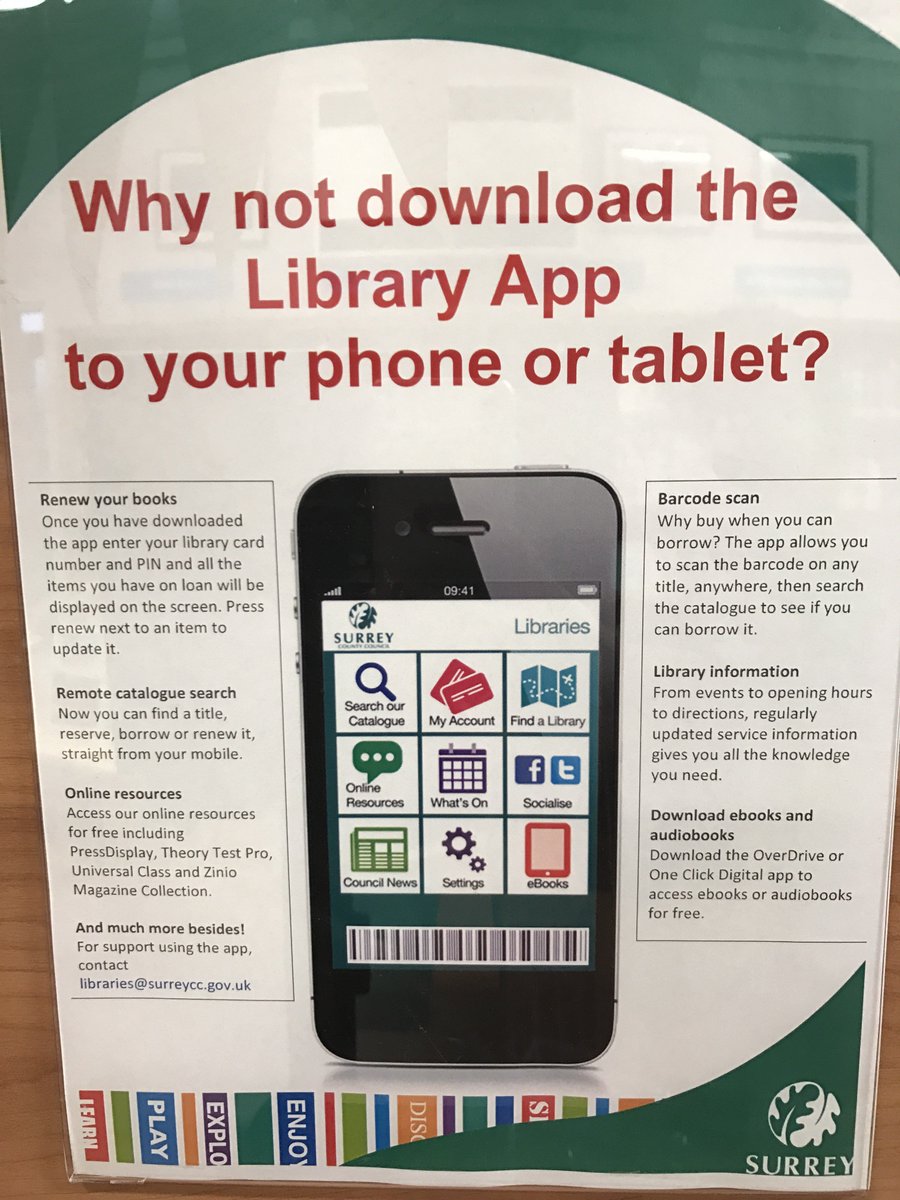 MoleseyLibrary's tweet photo. Have you downloaded the Surrey Libraries app? Lots of great options to choose from... https://t.co/1x7sQSfiIQ