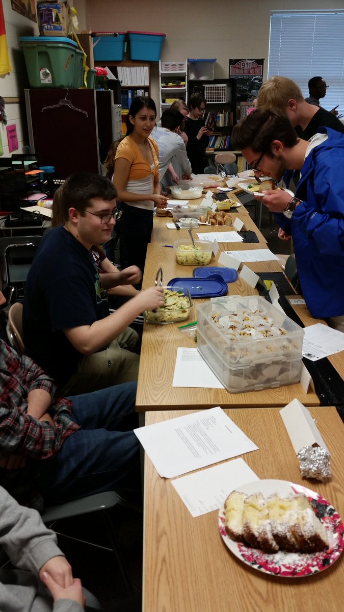 Ms. Spampinato's students are critiquing German foods that their peers made. <a href="/WakefieldHS/">Wakefield HS</a> #EngageEachStudentWHS #notgoodforthewaistline