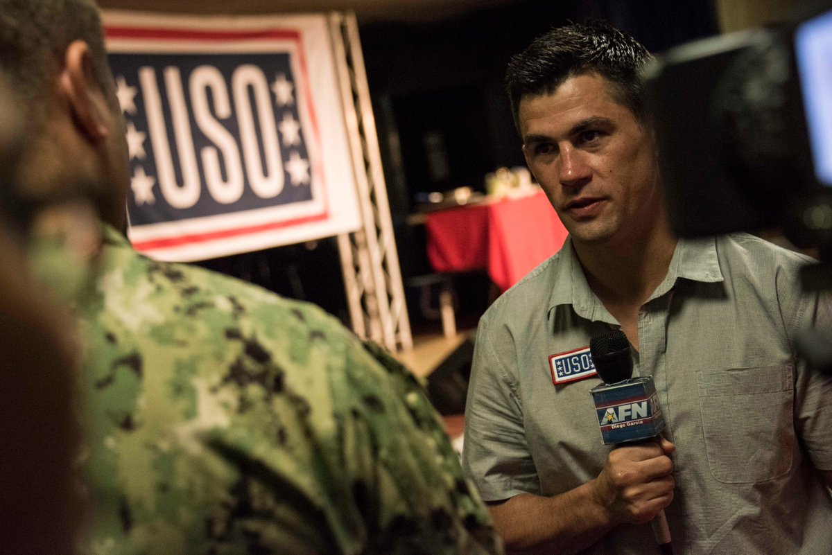 USNavyDGAR's tweet photo. #UFC champion @DominickCruz conducts and interview with @AFNtelevision Diego Garcia! @the_USO @thejointstaff #USOinDGar #USO https://t.co/L0hEKD1JxN
