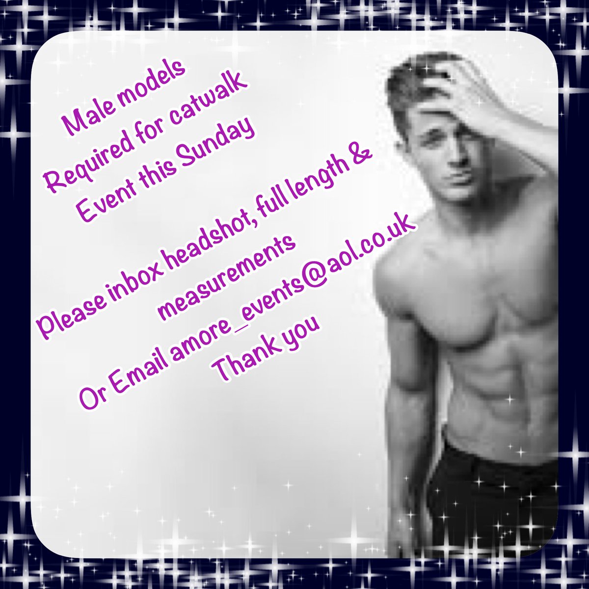 MALE MODELS NEEDED FOR BRIDAL CATWALK 

If interested amore_events@aol.co.uk or inbox no later than 4PM