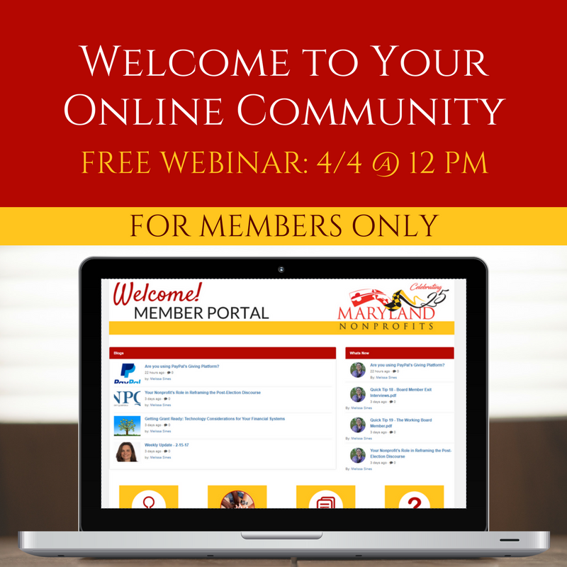 mdnonprofits's tweet photo. Members: Have you logged into r awesome new Member Portal? Join us 4/4 &amp; learn how 2 make the most of your benefits. https://t.co/qfhpjSOoJL https://t.co/A913cZ6uPS