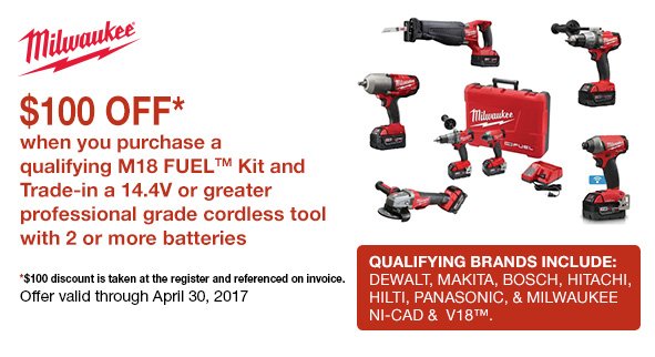 KirbyRisk's tweet image. $100 off purchase of qualifying Milwaukee M18 FUEL Kit &amp;amp; trade-in qualifying pro grade cordless tool w/2 batteries. kirbyrisk.com/specials