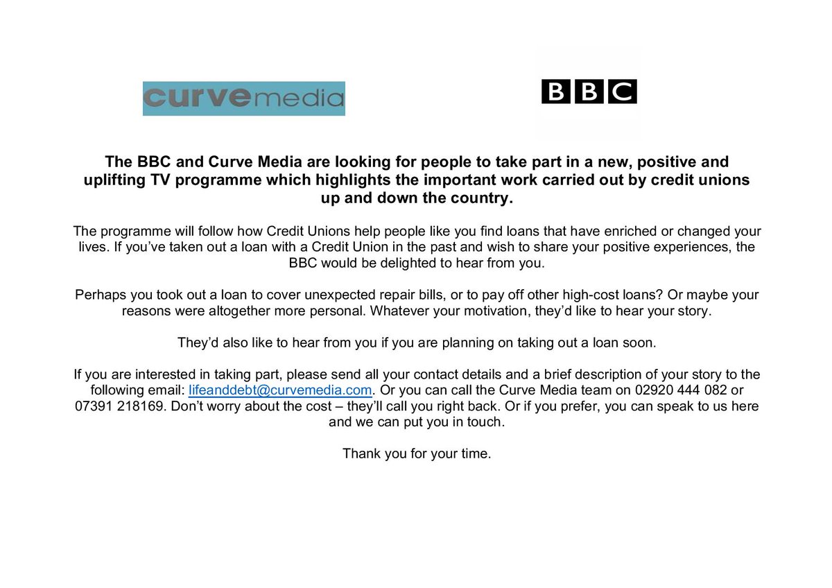 lifeanddebt_'s tweet photo. The BBC want to hear from you! Are you a #creditunion member? Have you taken out a #loan which has helped you and your family? Get in touch! https://t.co/b2UPOeV4w5
