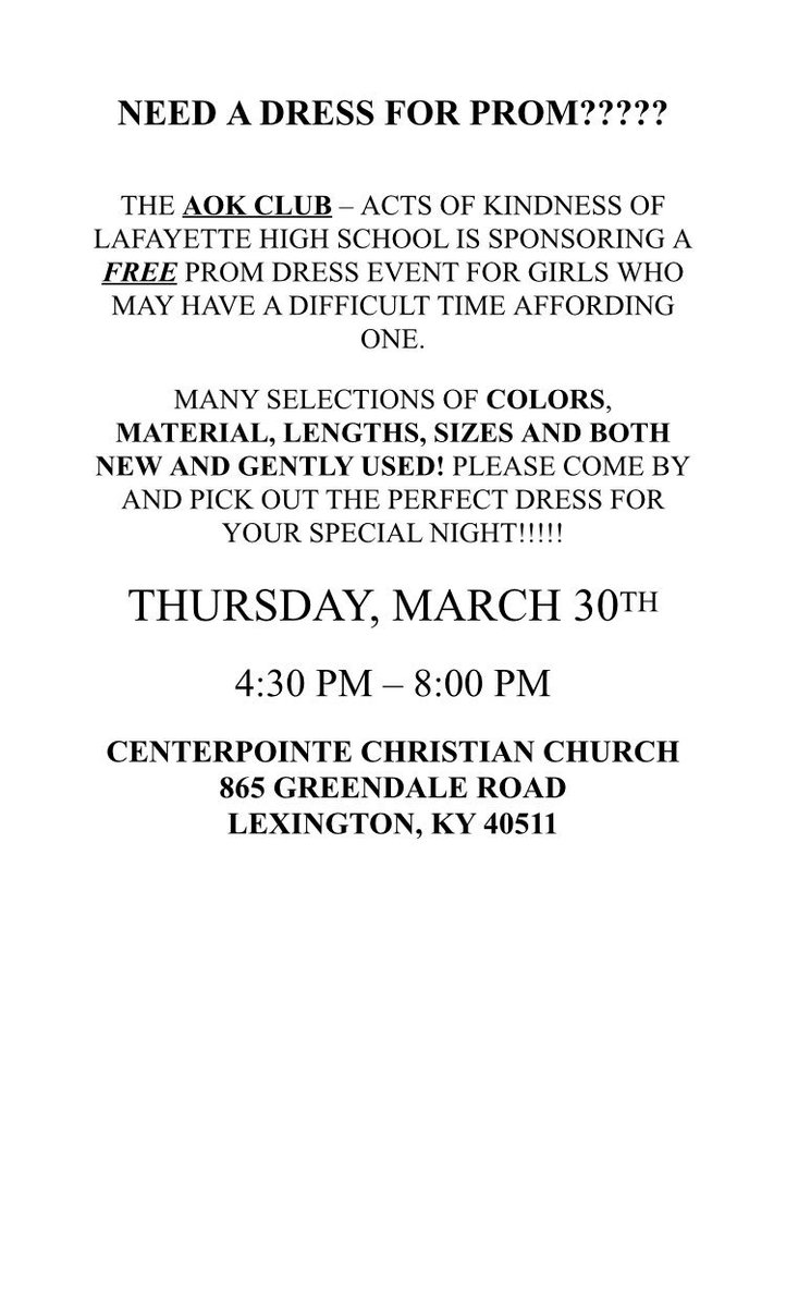 lhsaok1's tweet photo. RT to get the word out! 💓 We are having another day for girls to come find their perfect prom dress. Everyone is welcome to come! https://t.co/cWapHIQQHP