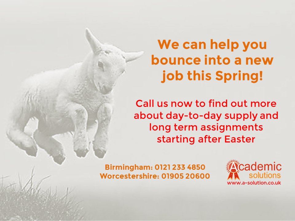 A_SolutionsUK's tweet photo. #Spring into a new #Educationjob! We have roles in Birmingham &amp; Worcestershire schools. Call us or email your CV to enquiry@a-solution.co.uk https://t.co/1VFEH7gCZj