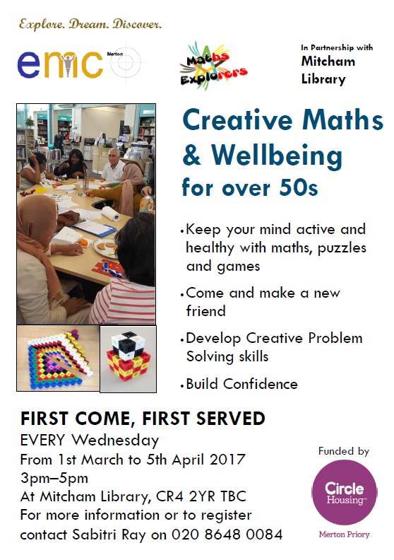 CircleMerton's tweet photo. @CircleMerton with @ethnicminorityc Merton &amp; @mathsExplorers delivering Creative Maths &amp; Wellbeing for 50+ at Mitcham Library on Weds 3-5pm https://t.co/bMcDDzrI3H