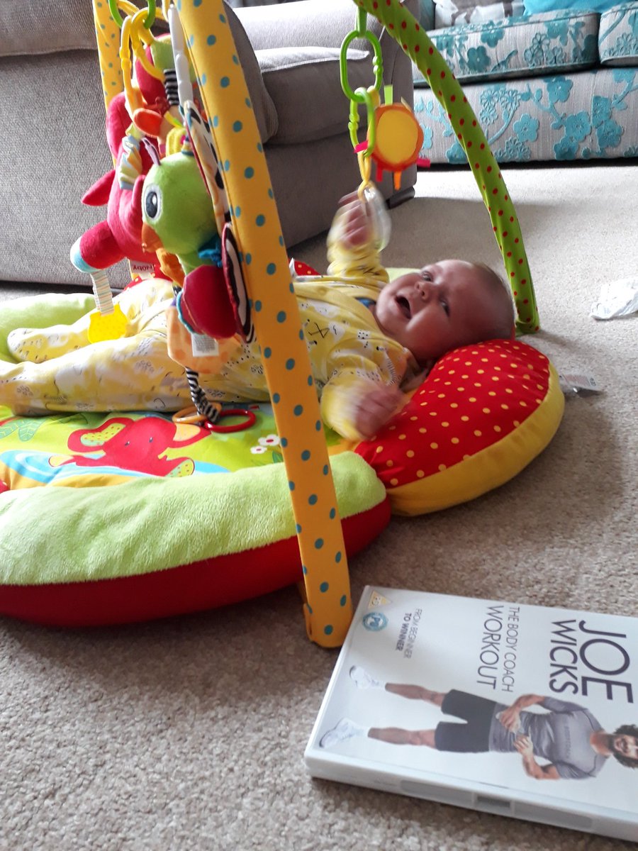 katespates's tweet photo. Time to get back on the @thebodycoach programme after a year off. Baby Toby joined in in his baby gym. https://t.co/UV3GS6GMfk