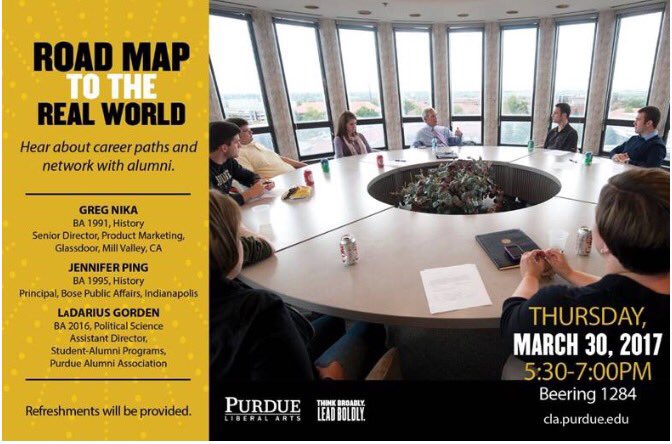 PurdueLASC's tweet photo. Come network &amp; enjoy refreshments with alumni this Thursday 5:30-7pm BRNG 1284. See you there! @LifeAtPurdue @PurdueLibArts https://t.co/ClsxcXtDAF