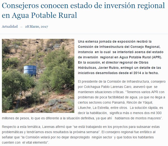 [PRENSA] <a href="/CoreOHiggins/">Core O'Higgins</a> conoce estado de inversión regional en Agua Potable Rural bit.ly/2nwdtCK vía <a href="/El_UrbanoRural/">El Urbano Rural</a>