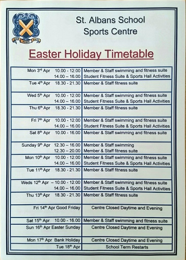 Easter holiday timetable for the SAS Sports Centre