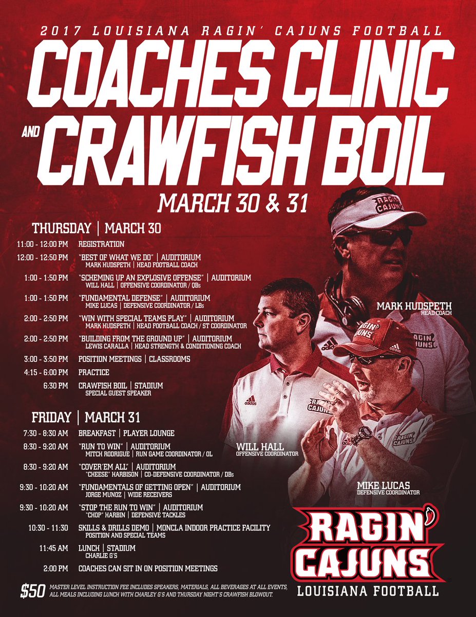 RaginCajunsFB's tweet photo. There's still time to register for our coaches clinic. Follow the link to download the brochure &amp; register TODAY!
https://t.co/n3of11HERl https://t.co/0A20vveUtv