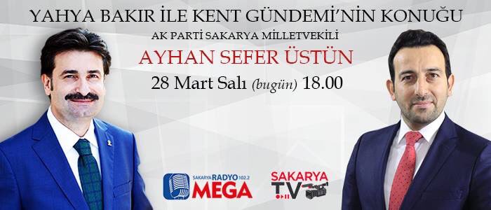 Ak Parti Sakarya Milletvekili <a href="/AyhanSeferUSTUN/">Ayhan Sefer ÜSTÜN</a> bugün 18.00'da <a href="/YahyaBakir/">Yahya Bakır</a> ile Kent Gündeminin konuğu olacak.
<a href="/radyomega54/">Sakarya Radyo Mega</a> <a href="/SAKARYATV_/">SAKARYA TV</a>