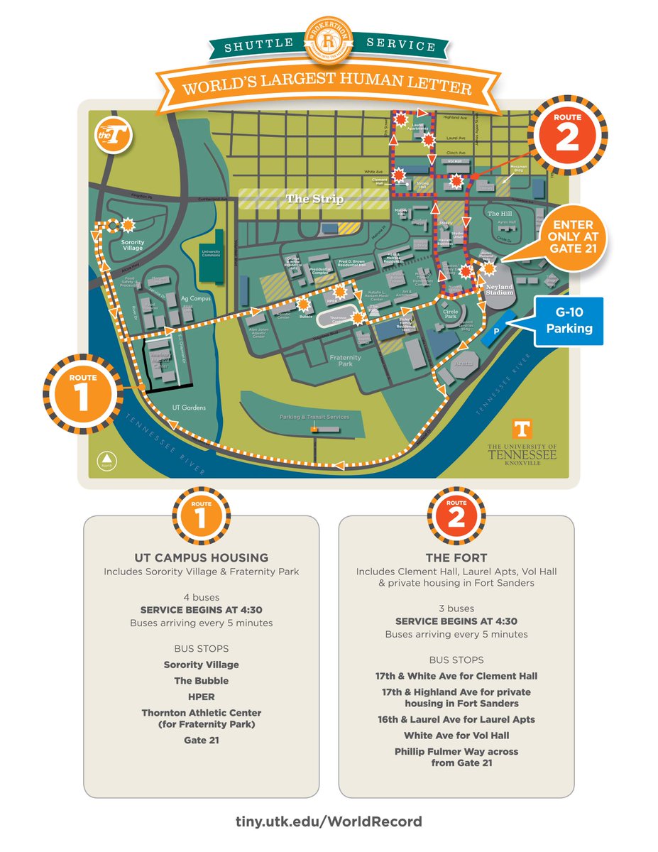 Shuttle Bus for Rokerthon starts @ 4:30
Parking allowed in G10 until 10 am
parking.utk.edu/2017/03/28/tra…